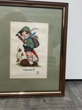 Vintage Hummel Framed Cross Stitch Boy with Umbrella “Looks like rain” 1981